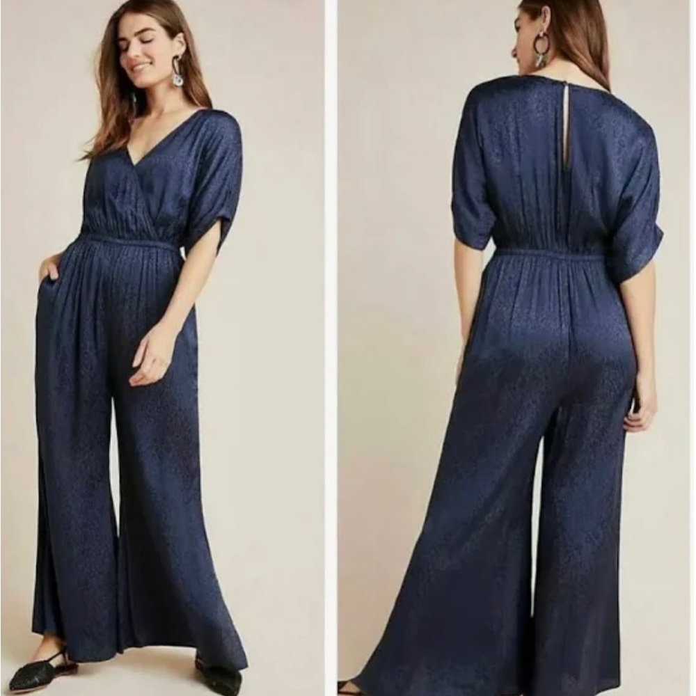 ANTHROPOLOGIE NEW WITH TAGS $150 MAEVE NAVY JACQUELINE JUMPSUIT WITH POCKETS L